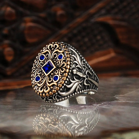 Double Color Gemstone Carved Retro For Men Ring