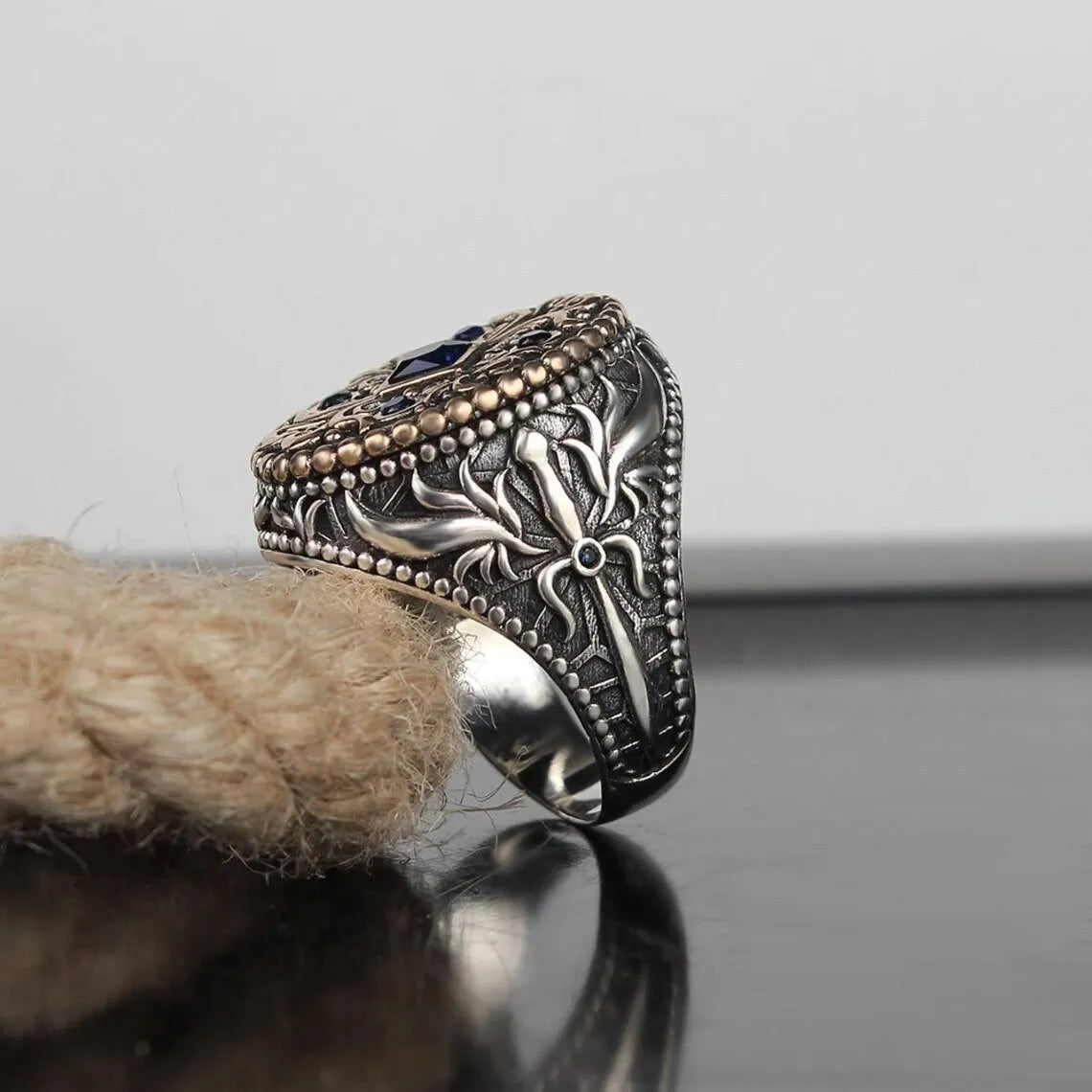 Double Color Gemstone Carved Retro For Men Ring