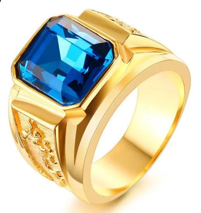 Gold or Silver Plated Dragon Pattern Black Blue Crystal Man Ring