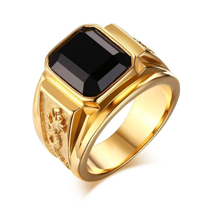 Gold or Silver Plated Dragon Pattern Black Blue Crystal Man Ring