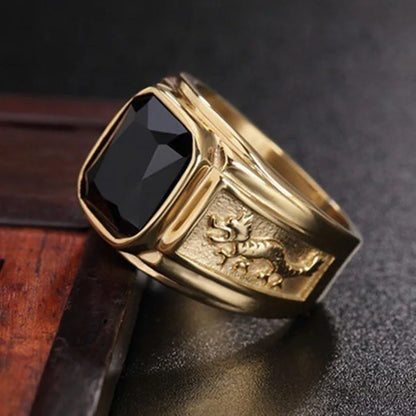 Gold or Silver Plated Dragon Pattern Black Blue Crystal Man Ring