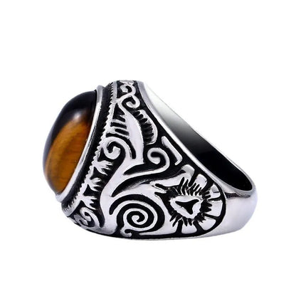 Gemstone Stone Tiger Eye Engrave Stainless Steel Silver Ring
