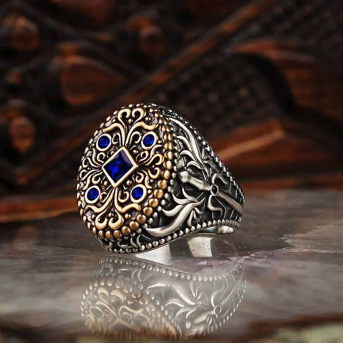Double Color Gemstone Carved Retro For Men Ring