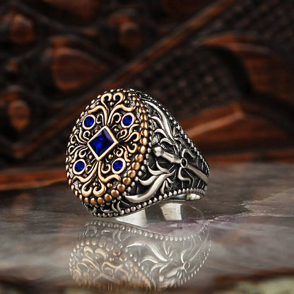 Double Color Gemstone Carved Retro For Men Ring