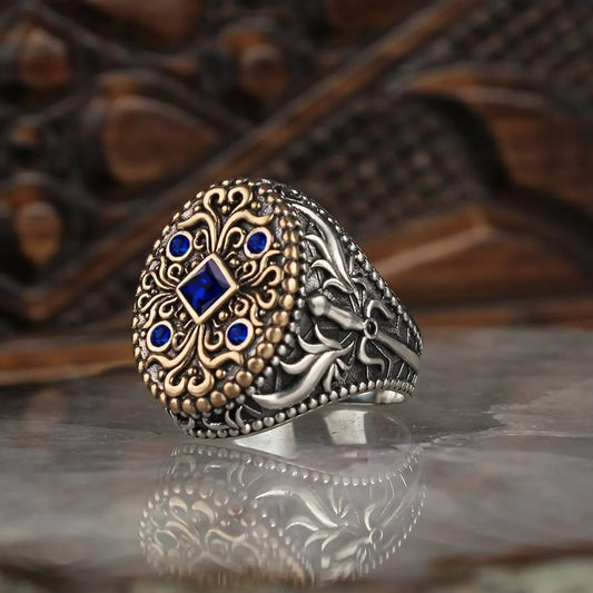 Double Color Gemstone Carved Retro For Men Ring