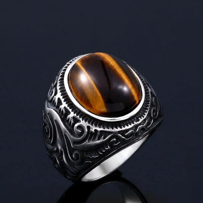Gemstone Stone Tiger Eye Engrave Stainless Steel Silver Ring